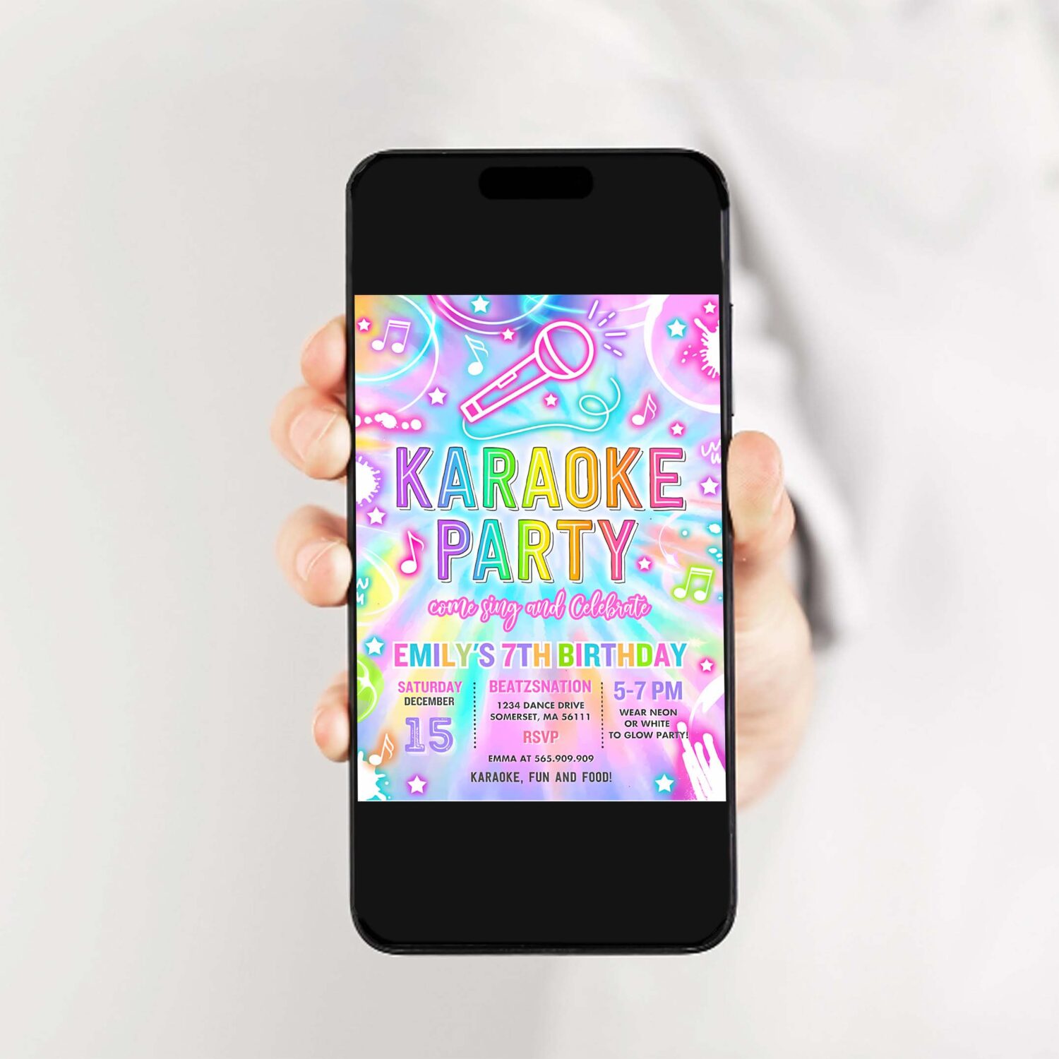 Editable karaoke birthday party invitation tie dye karaoke birthday neon glow tie dye karaoke party music singing party instant download u87 2