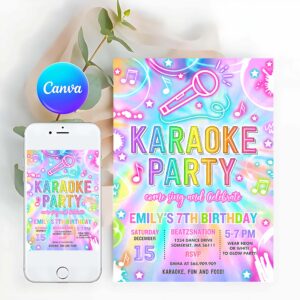Tie Dye Invitation, Karaoke Birthday Party Invitation Tie Dye Karaoke Birthday Neon Glow Tie Dye Karaoke Party Music Singing Party