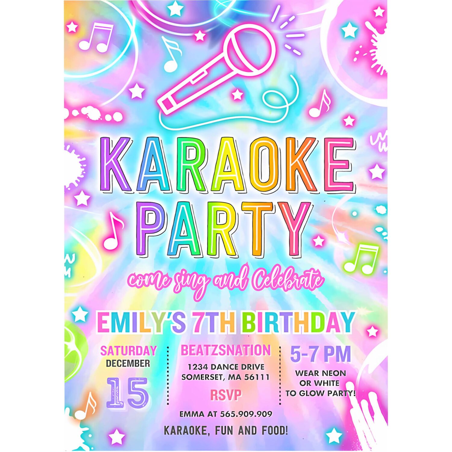 Editable karaoke birthday party invitation tie dye karaoke birthday neon glow tie dye karaoke party music singing party instant download u87 4