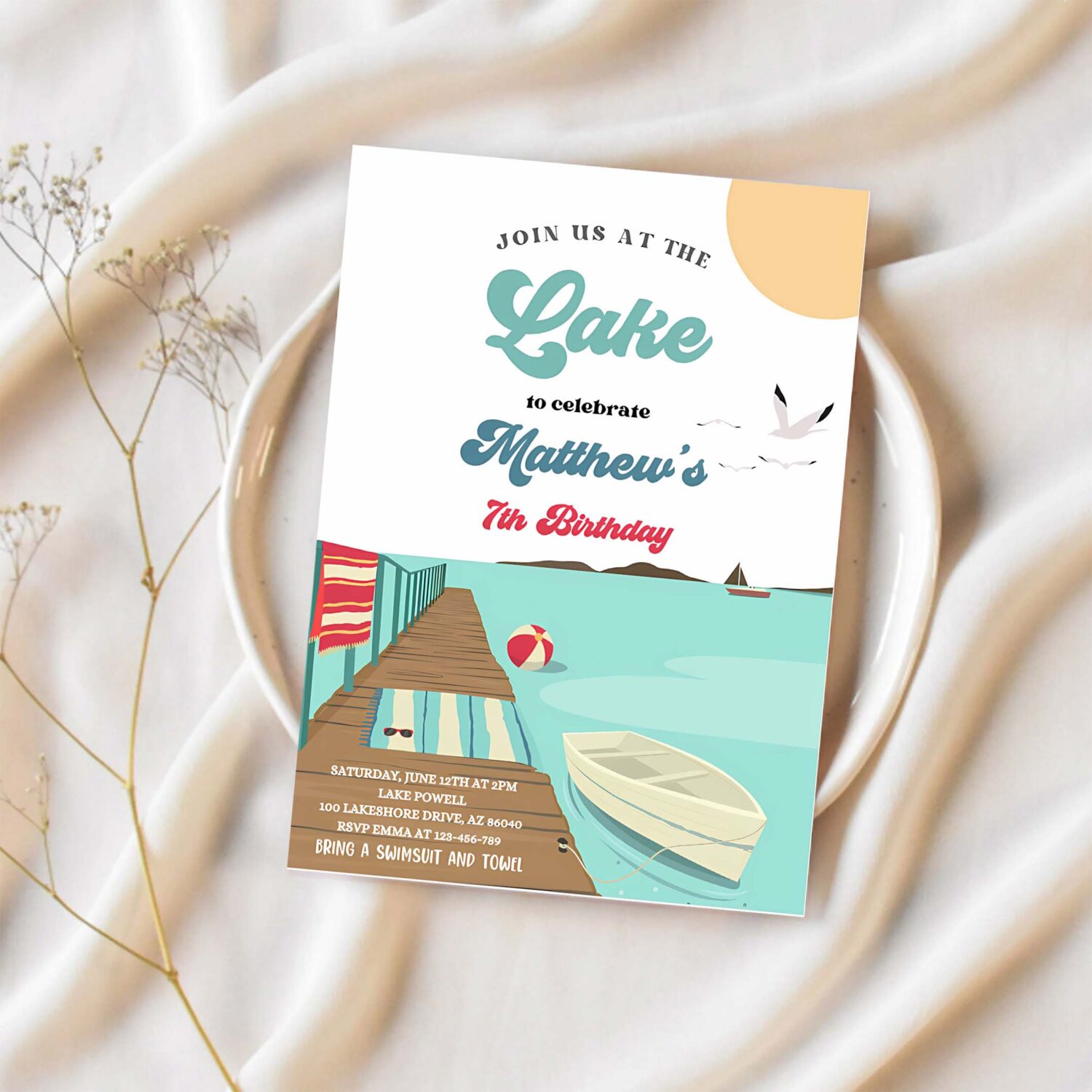 Editable lake birthday party invitation boat lake birthday party summer lake water party join us at the lake party 1