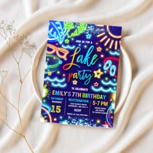 Editable lake birthday party invitation glow neon tie dye summer summer lake boat party birthday party instant download pwq 1
