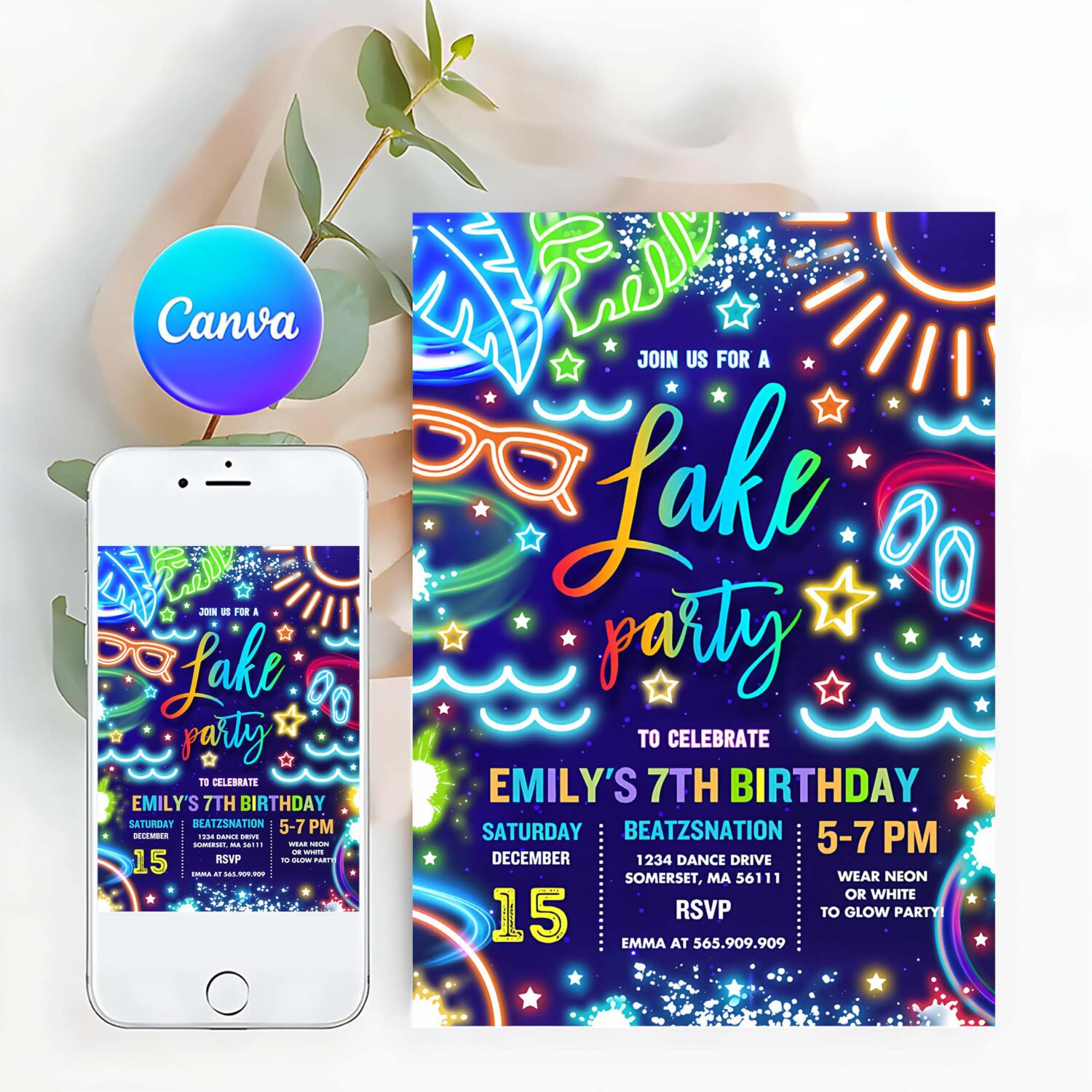 Editable lake birthday party invitation glow neon tie dye summer summer lake boat party birthday party instant download pwq