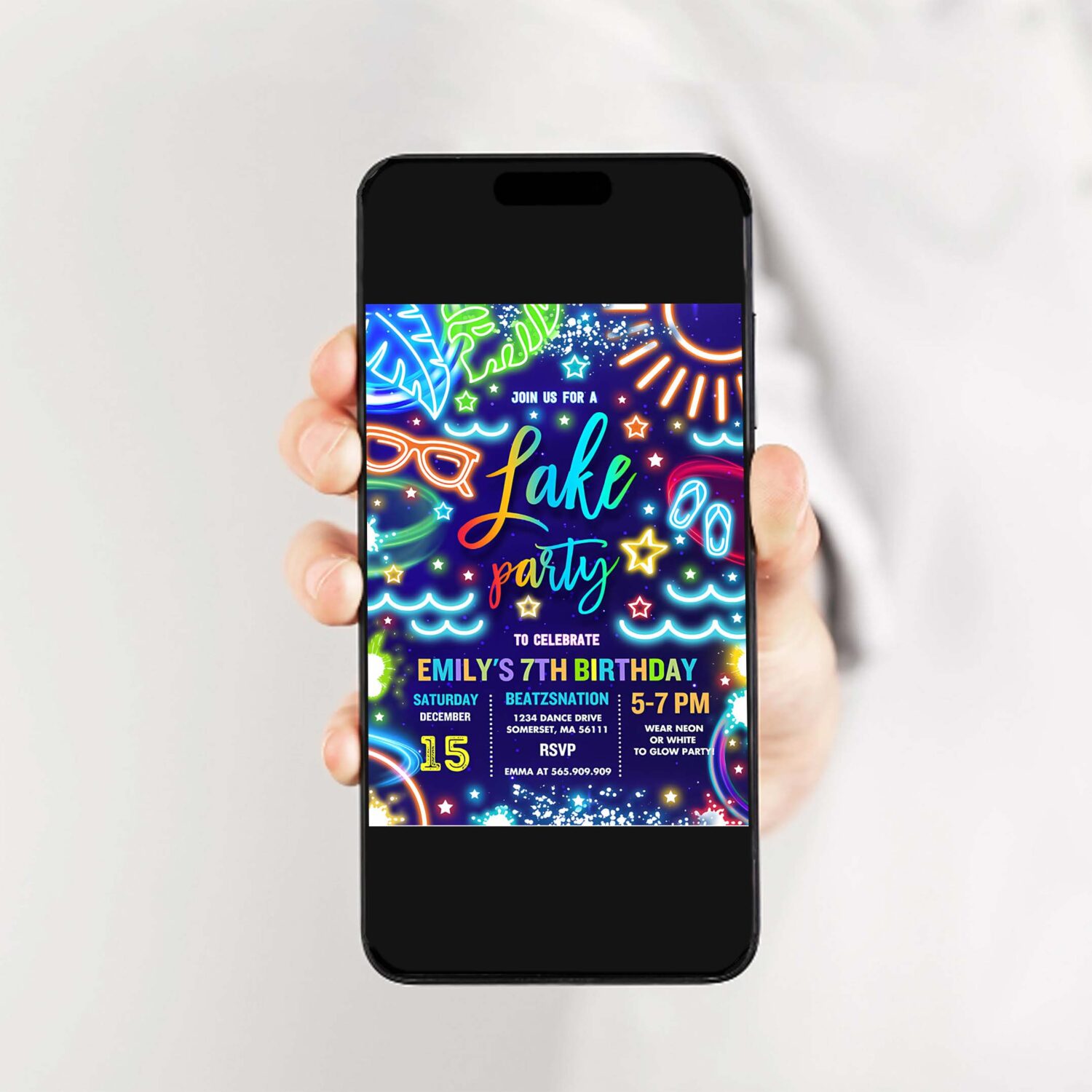 Editable lake birthday party invitation glow neon tie dye summer summer lake boat party birthday party instant download pwq 2