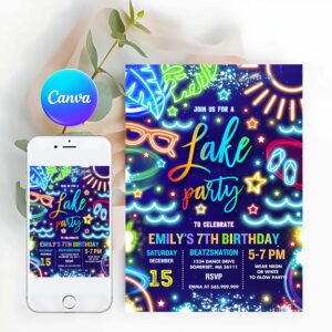 Tie Dye Invitation, Lake Birthday Party Invitation Glow Neon Tie Dye Summer Summer Lake Boat Party Birthday Party