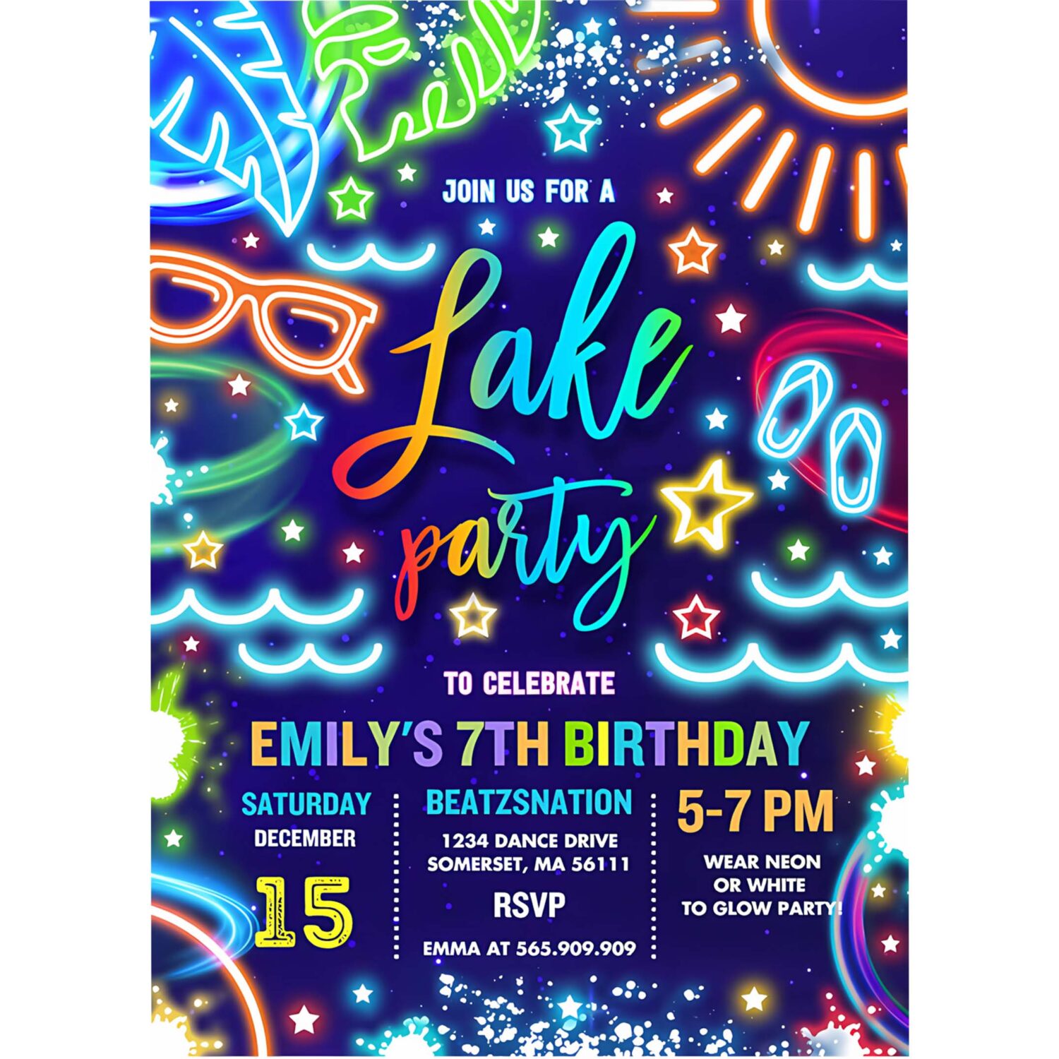 Editable lake birthday party invitation glow neon tie dye summer summer lake boat party birthday party instant download pwq 4