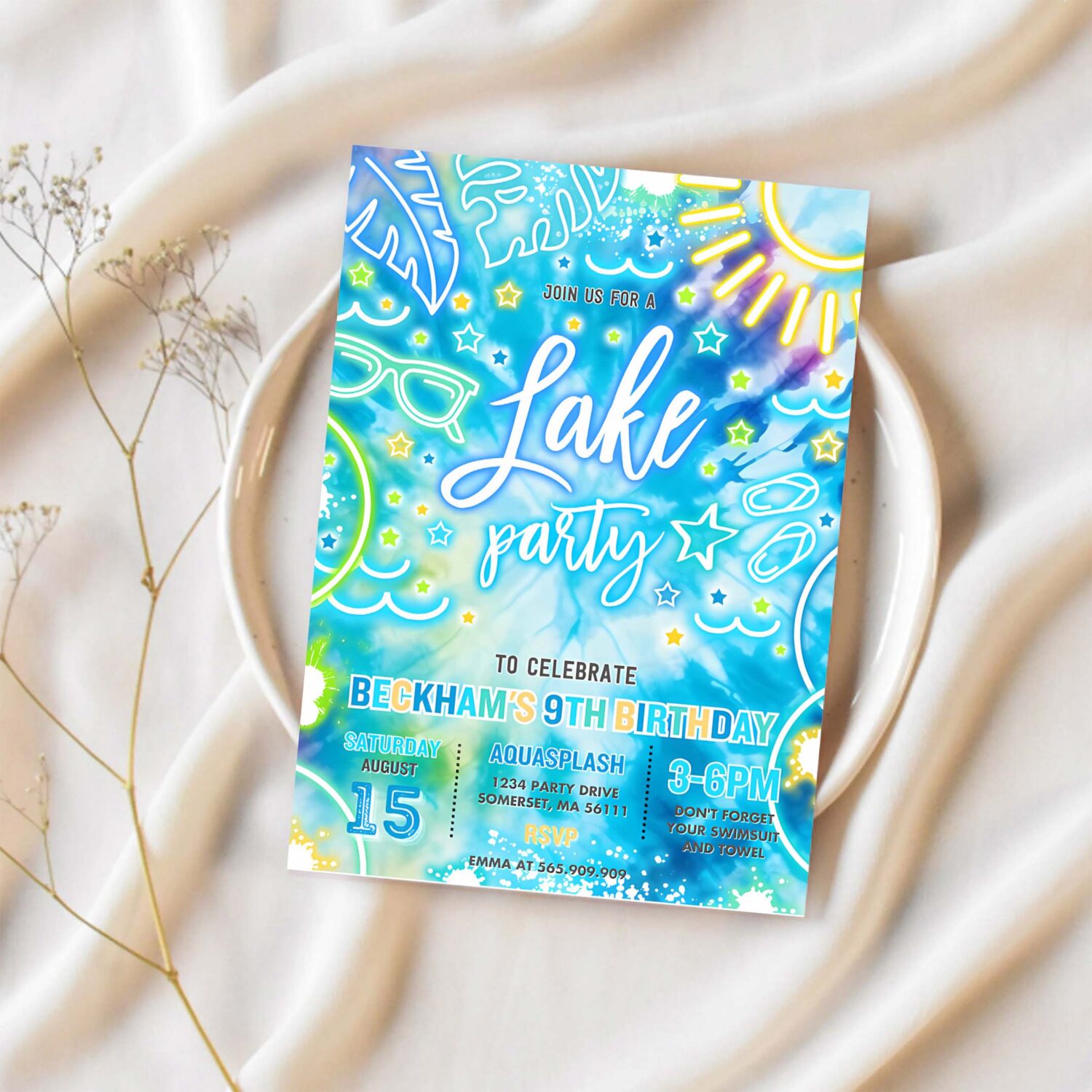 Editable lake birthday party invitation glow neon tie dye summer summer lake boat party birthday party instant download qa2 1