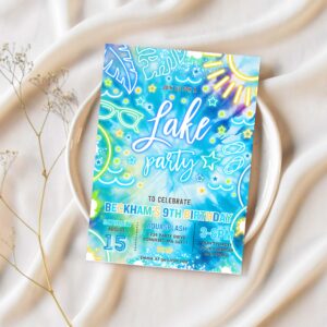 Editable lake birthday party invitation glow neon tie dye summer summer lake boat party birthday party instant download qa2 1