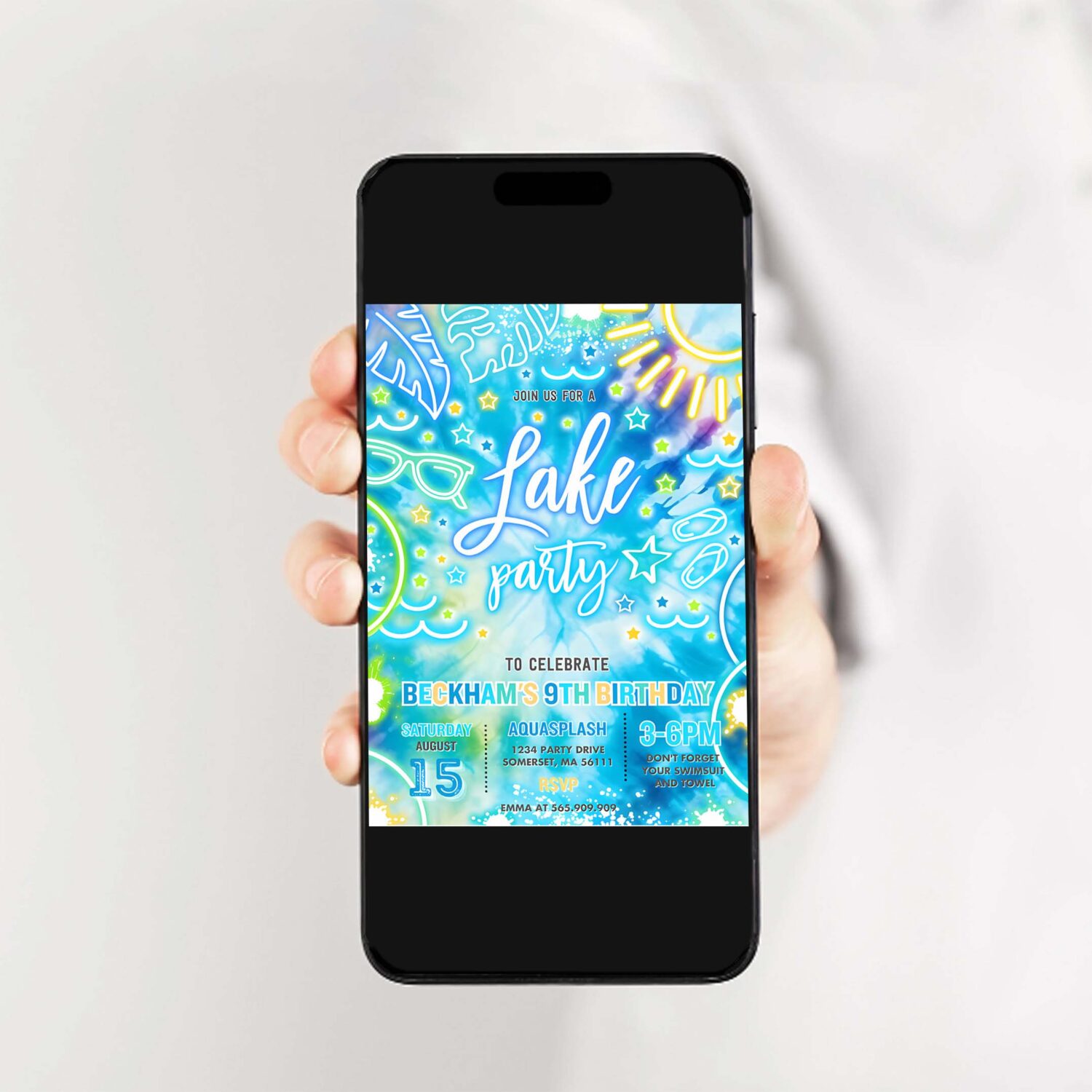 Editable lake birthday party invitation glow neon tie dye summer summer lake boat party birthday party instant download qa2 2