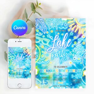 Tie Dye Invitation, Lake Birthday Party Invitation Glow Neon Tie Dye Summer Summer Lake Boat Party Birthday Party