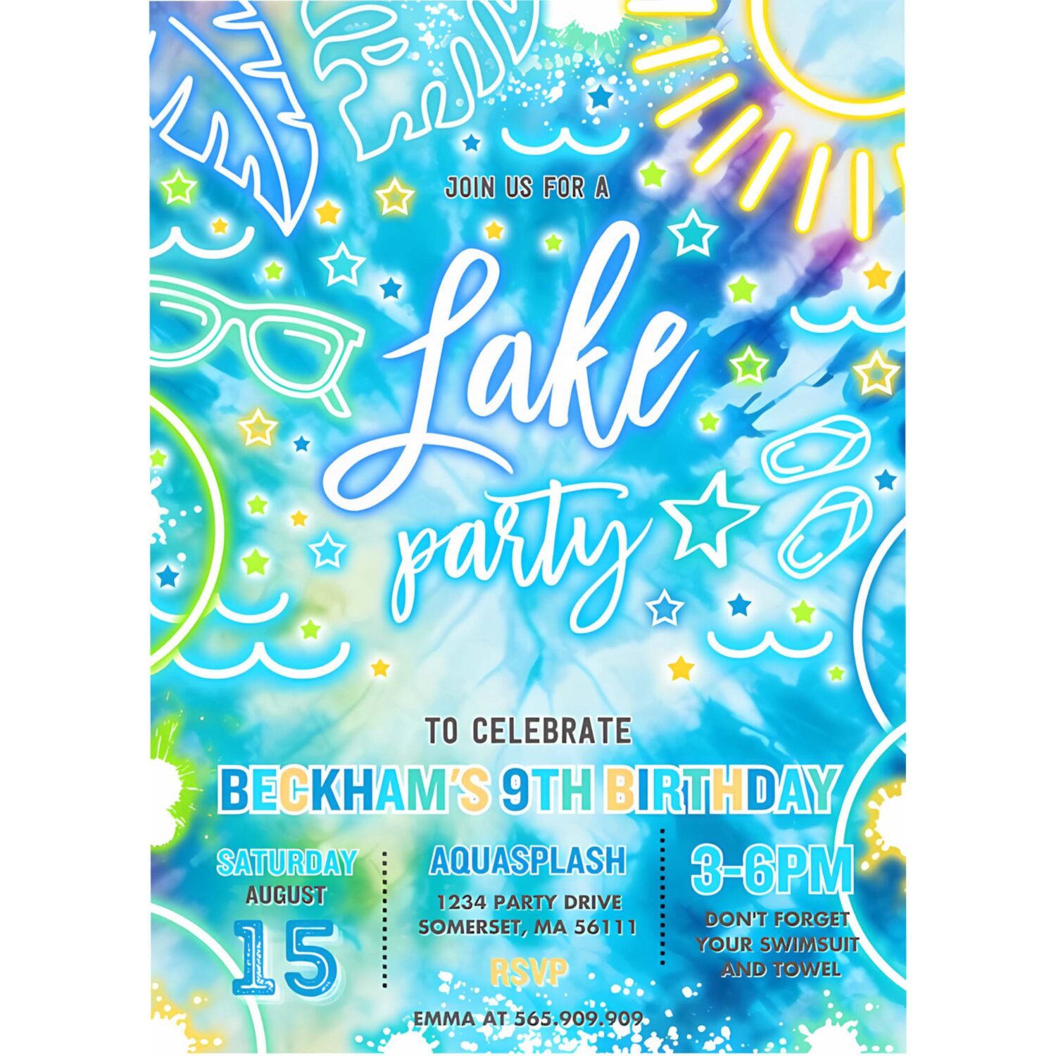 Editable lake birthday party invitation glow neon tie dye summer summer lake boat party birthday party instant download qa2 4