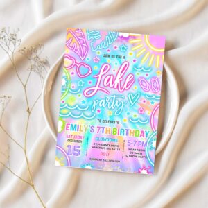 Editable lake birthday party invitation glow neon tie dye summer summer lake boat party birthday party instant download y3 1