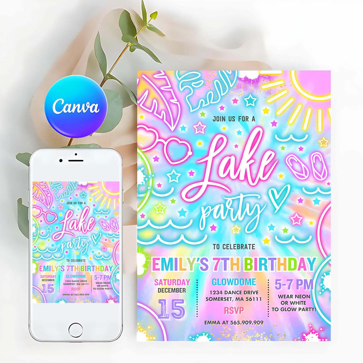 Editable lake birthday party invitation glow neon tie dye summer summer lake boat party birthday party instant download y3