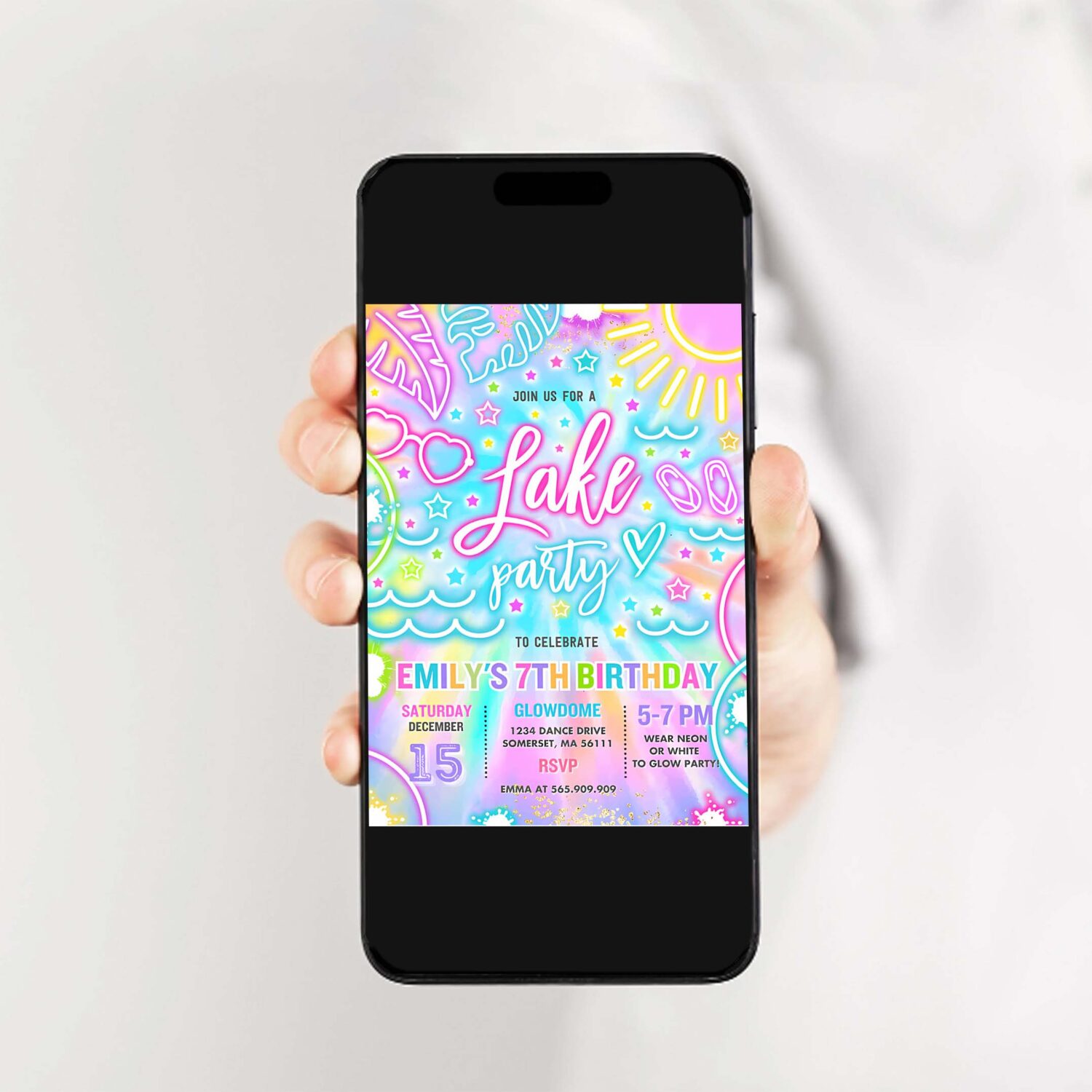 Editable lake birthday party invitation glow neon tie dye summer summer lake boat party birthday party instant download y3 2