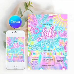 Tie Dye Invitation, Lake Birthday Party Invitation Glow Neon Tie Dye Summer Summer Lake Boat Party Birthday Party