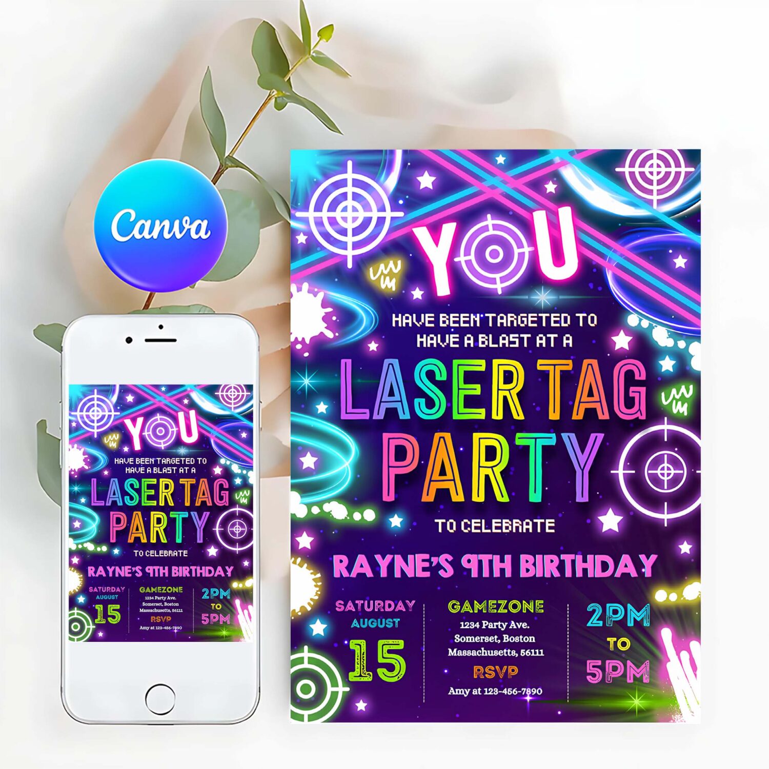Editable laser tag birthday party invitation neon glow laser tag birthday party neon glow laser quasar birthday party