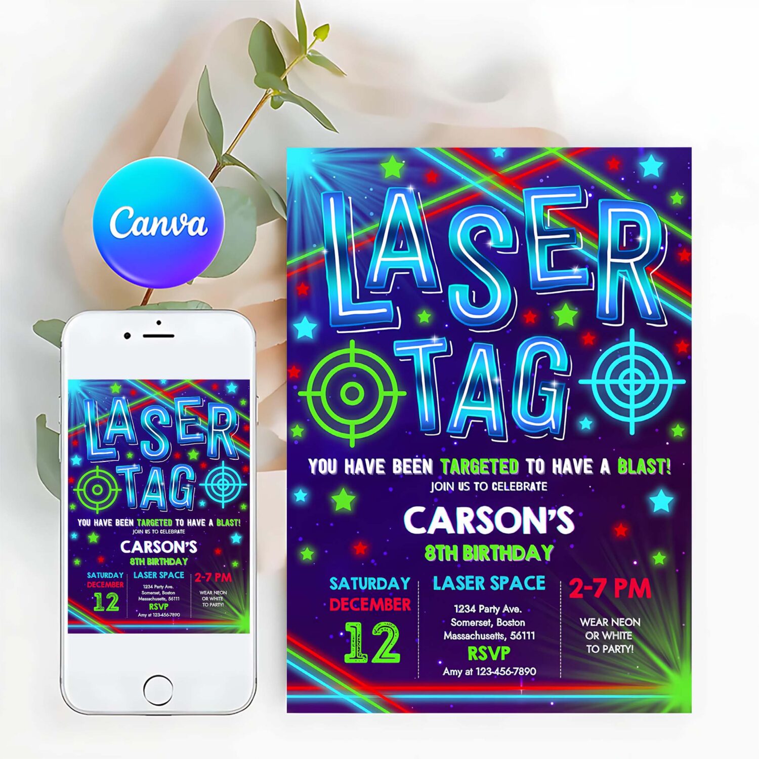 Editable laser tag invitation neon laser tag invitation glow laser tag birthday party boy neon glow laser party