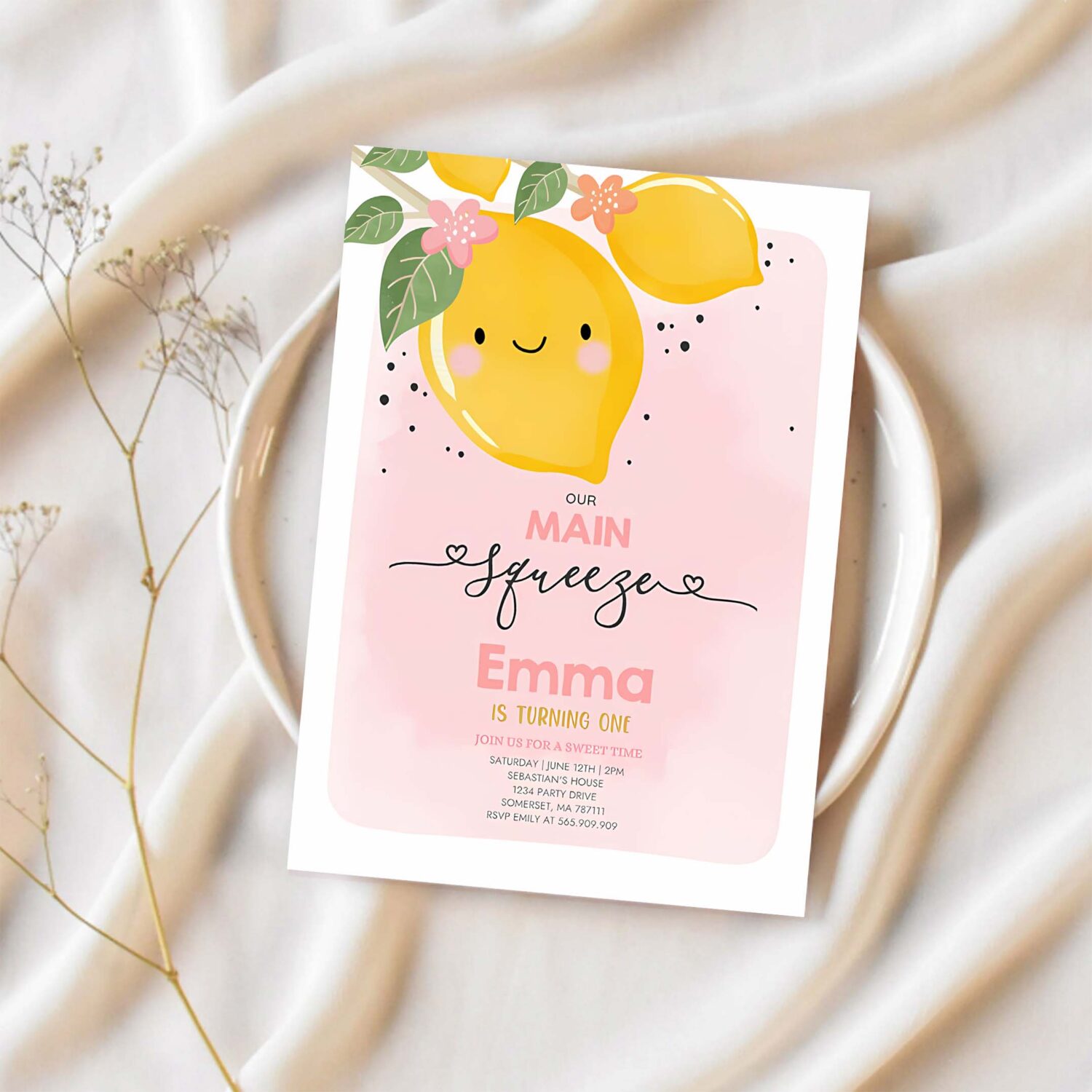 Editable lemon birthday invitation our main squeeze birthday invitation citrus lemonade birthday sunshine birthday 1
