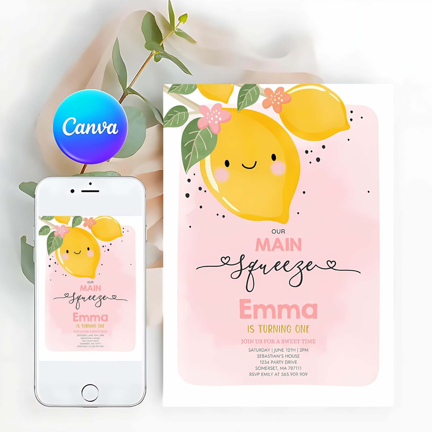 Editable lemon birthday invitation our main squeeze birthday invitation citrus lemonade birthday sunshine birthday