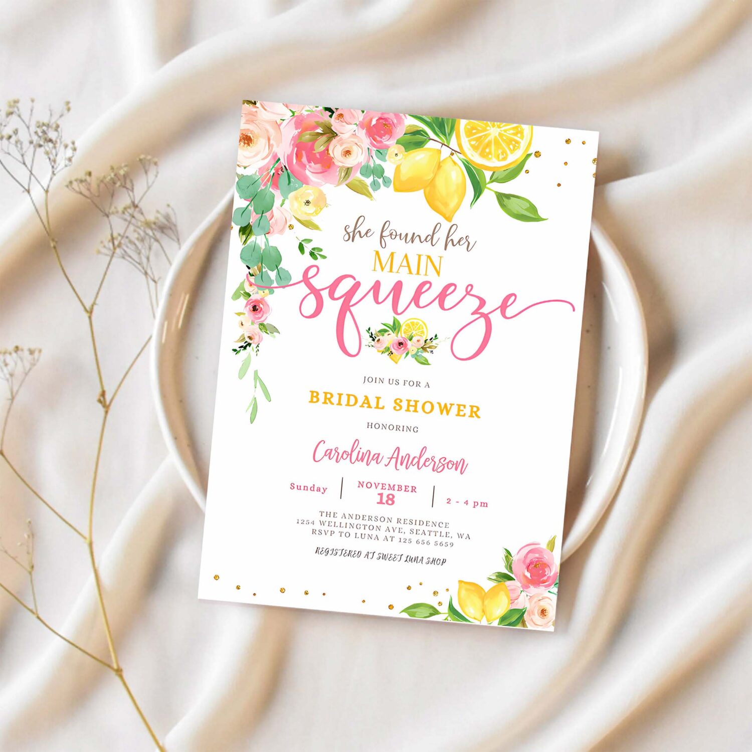 Editable lemon bridal shower invitation pink floral citrus she found her main squeeze invite 1