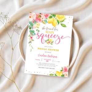 Editable lemon bridal shower invitation pink floral citrus she found her main squeeze invite 1
