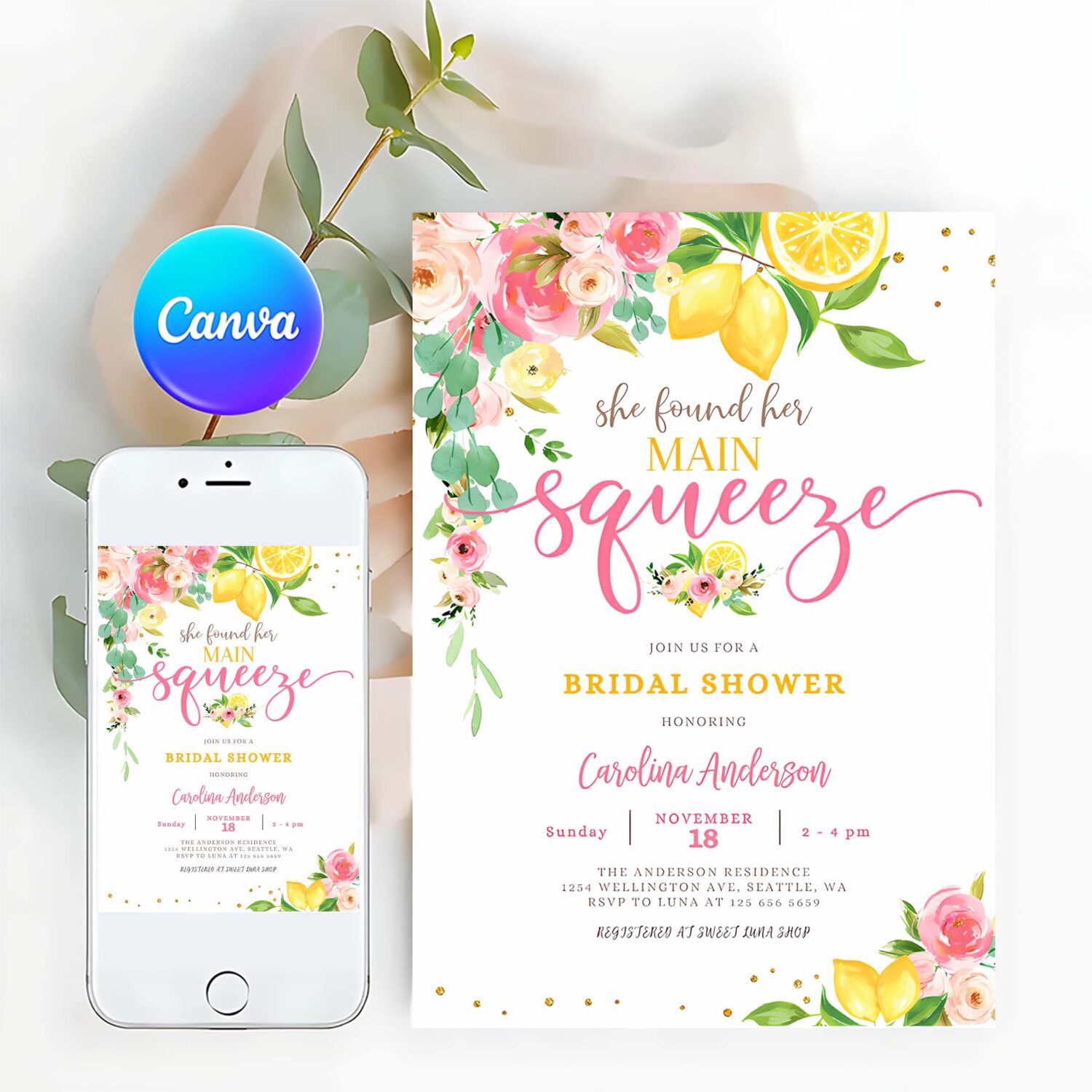 Editable lemon bridal shower invitation pink floral citrus she found her main squeeze invite