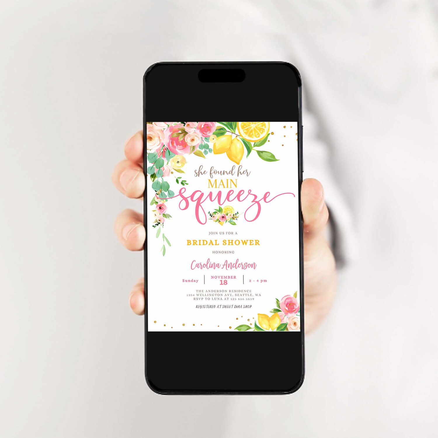 Editable lemon bridal shower invitation pink floral citrus she found her main squeeze invite 2