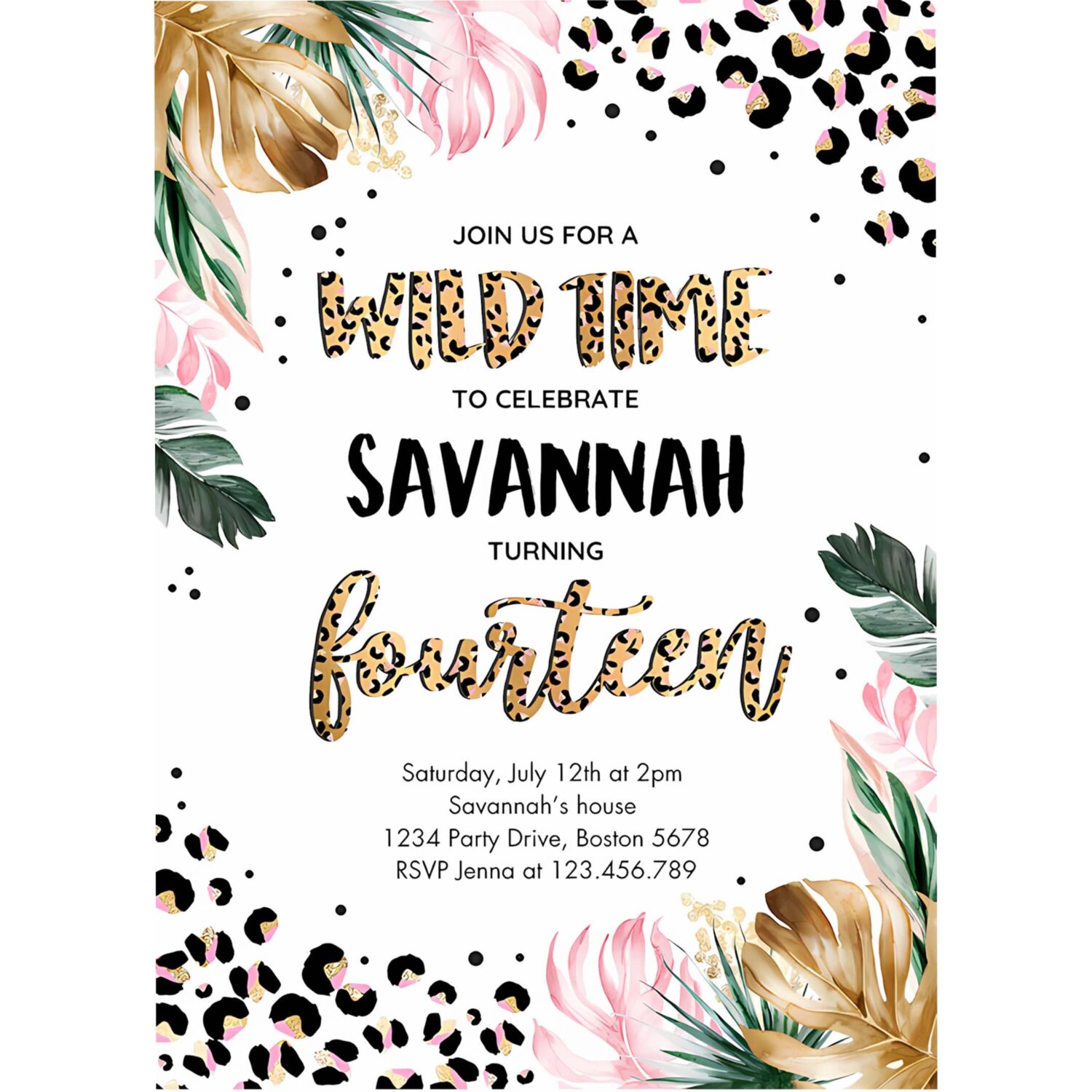 Editable leopard print 14th birthday party invitation wild 14th birthday invitation leopard print jungle 14th birthday party 4