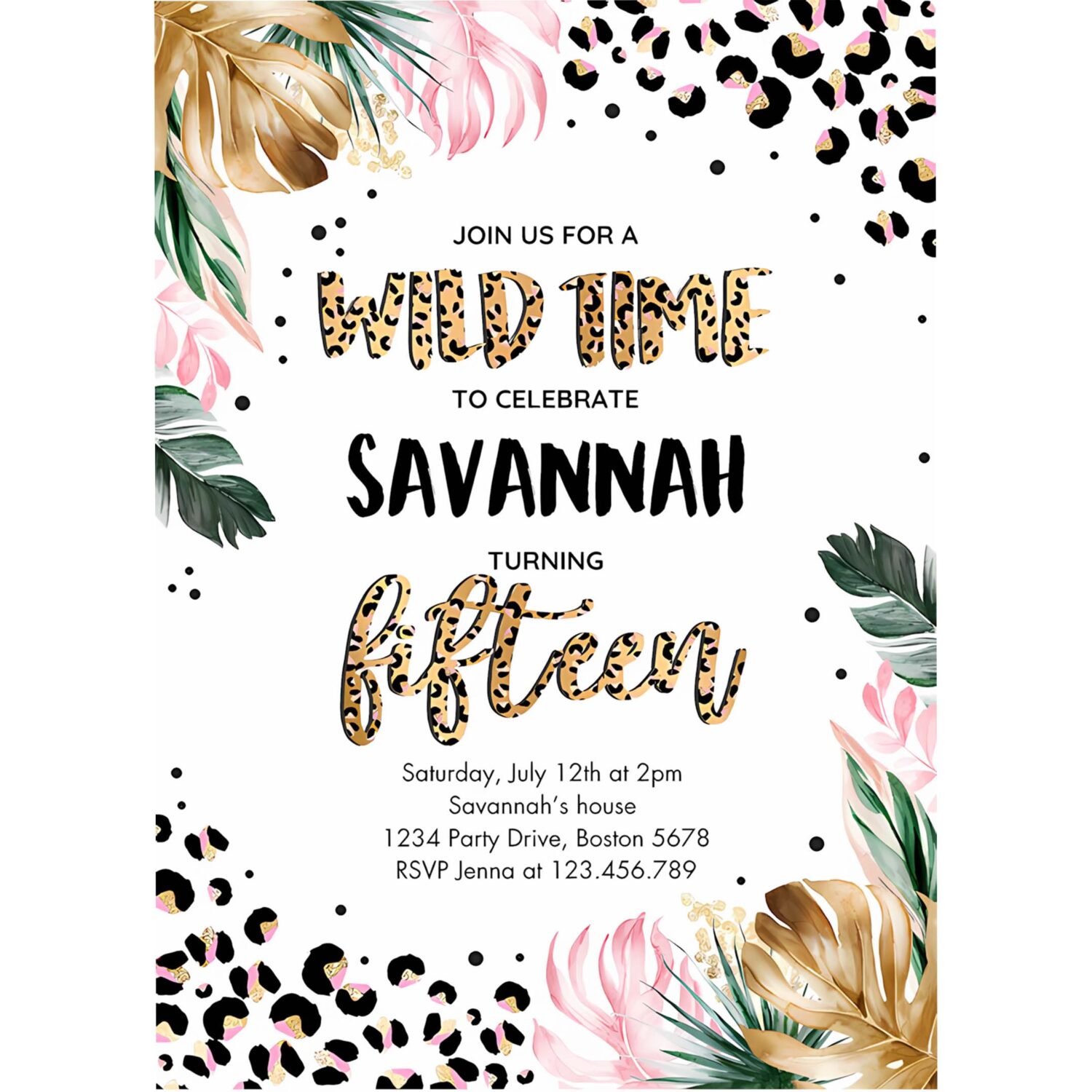 Editable leopard print 15th birthday party invitation wild 15th birthday invitation leopard print jungle 15th birthday party 4