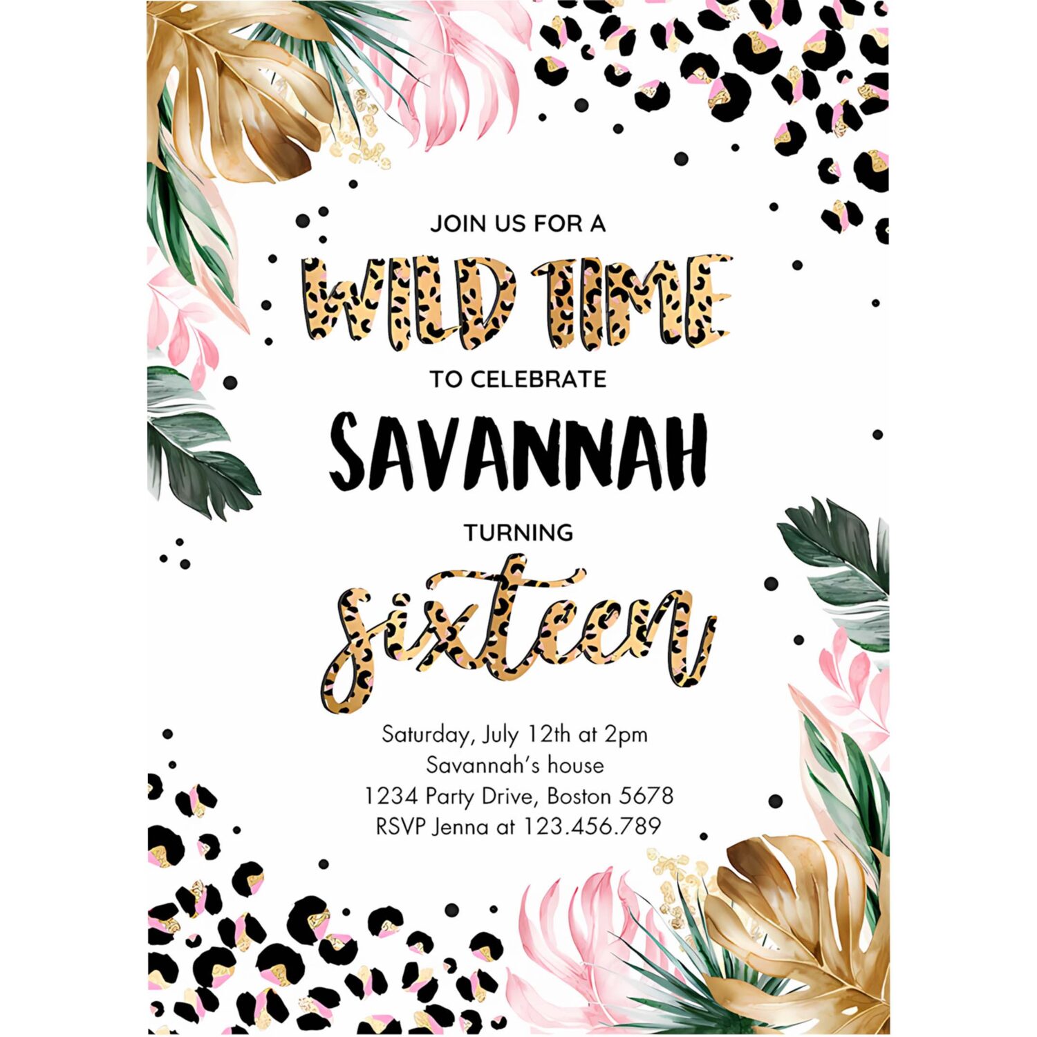 Editable leopard print 16th birthday party invitation wild 16th birthday invitation leopard print jungle 16th birthday party 4