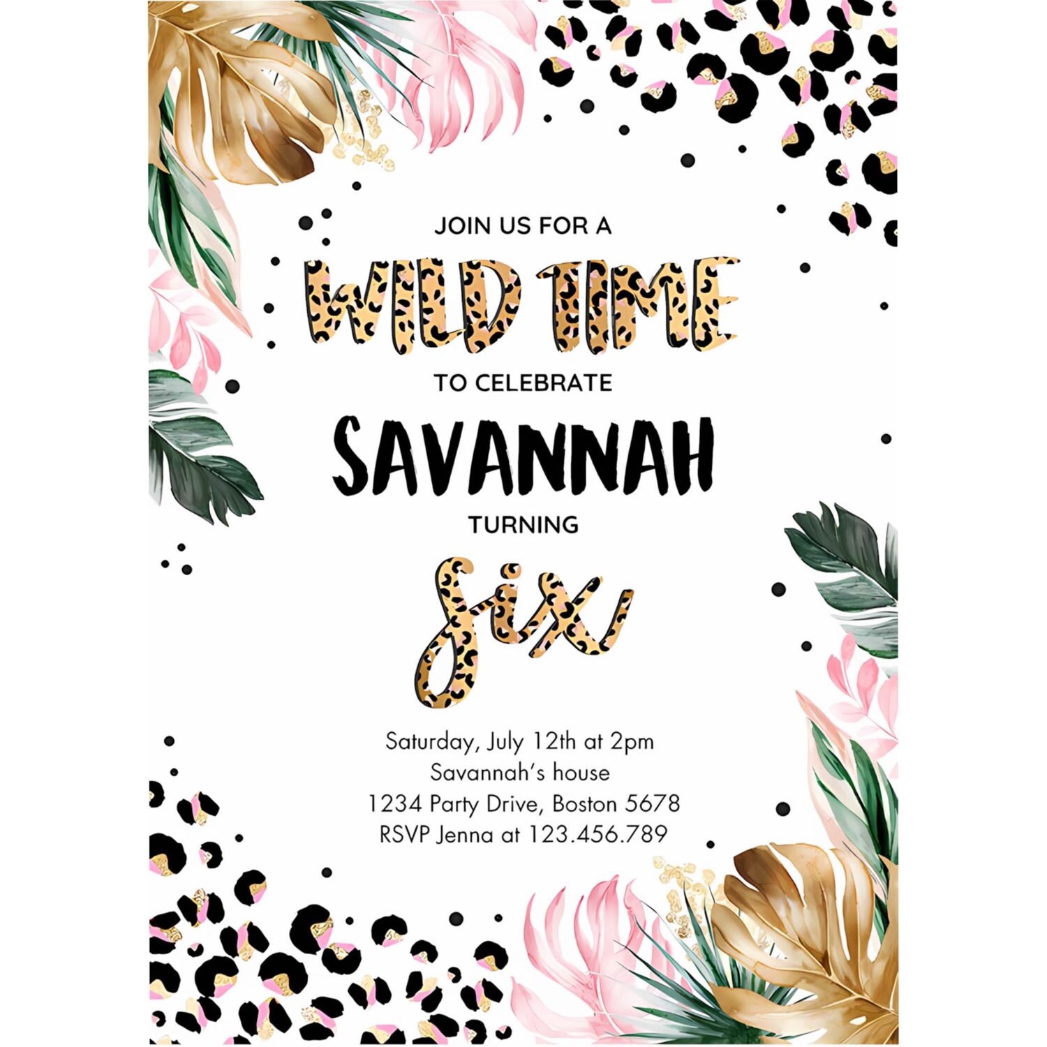 Editable leopard print 6th birthday party invitation wild 6th birthday invitation leopard print jungle 6th birthday party 4