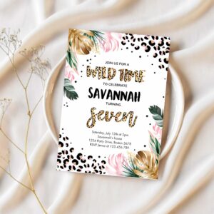 Editable leopard print 7th birthday party invitation wild 7th birthday invitation leopard print jungle 7th birthday party 1