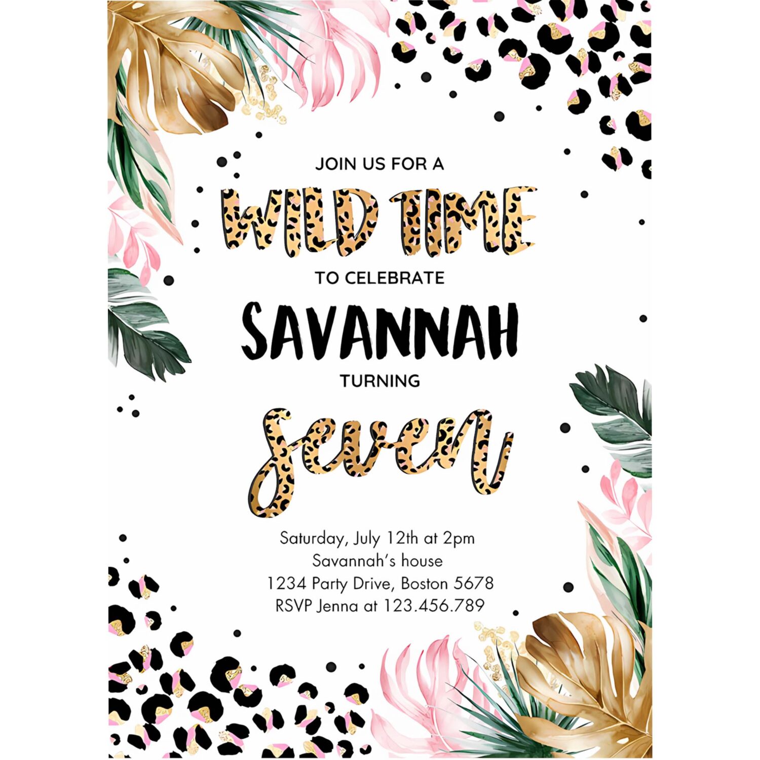 Editable leopard print 7th birthday party invitation wild 7th birthday invitation leopard print jungle 7th birthday party 4