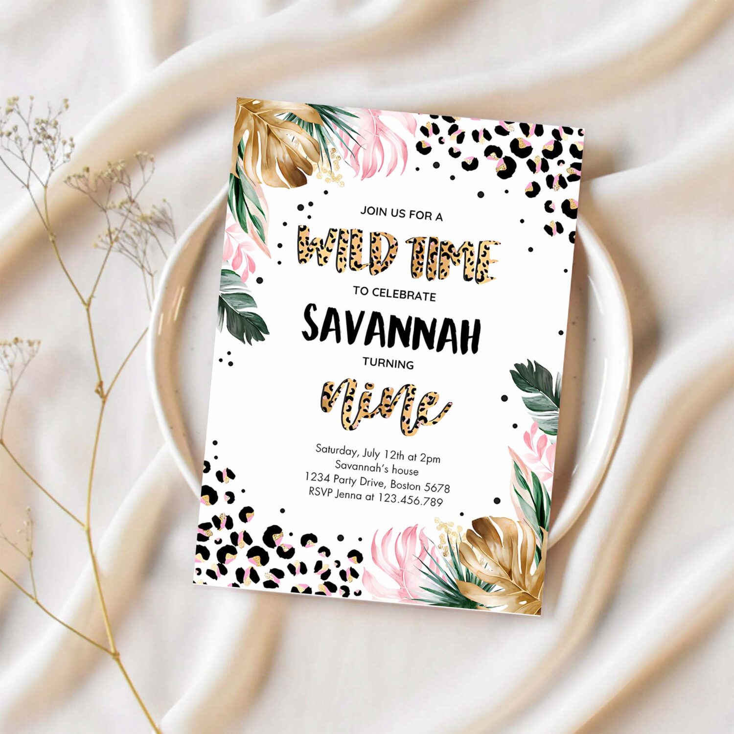 Editable leopard print 9th birthday party invitation wild 9th birthday invitation leopard print jungle 9th birthday party 1