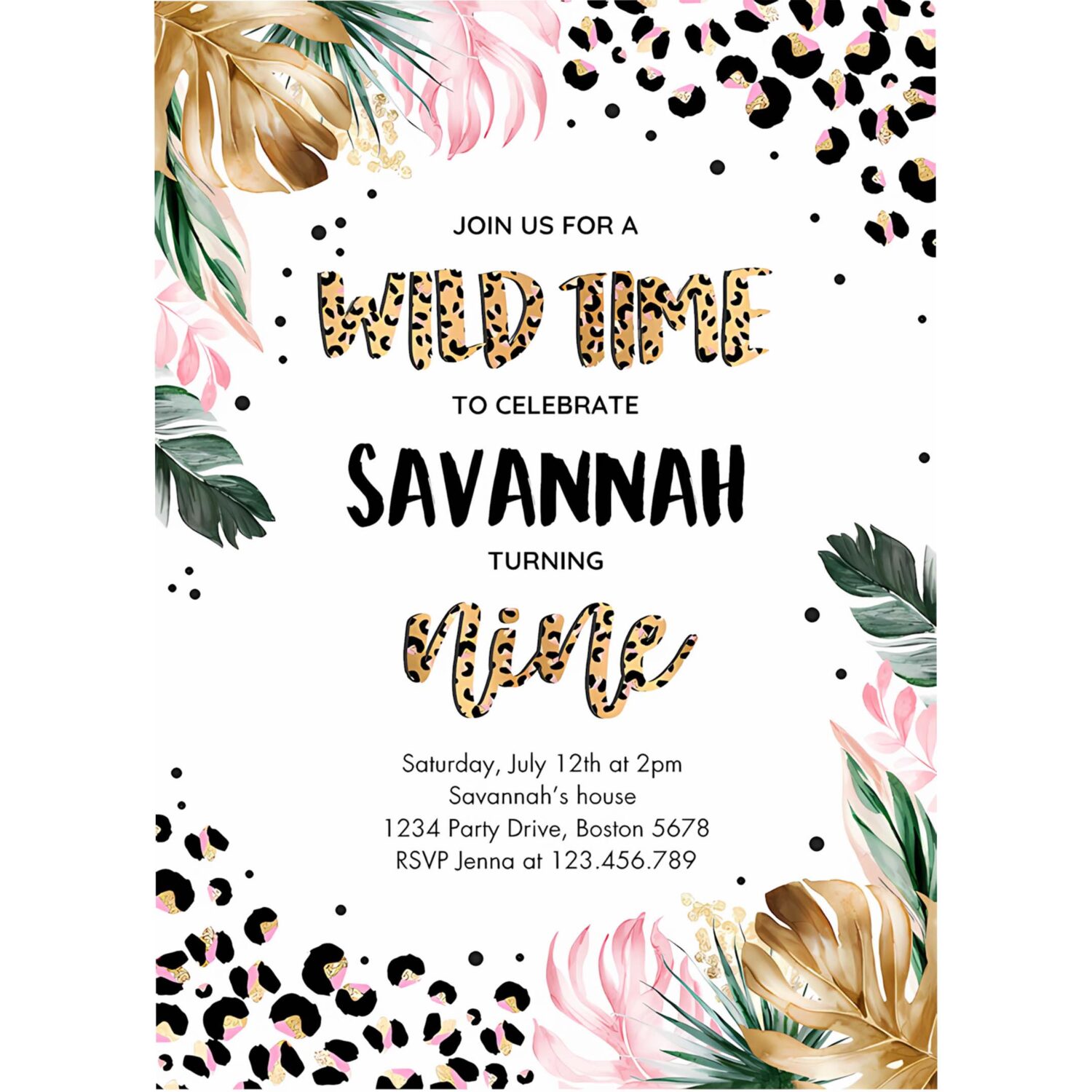 Editable leopard print 9th birthday party invitation wild 9th birthday invitation leopard print jungle 9th birthday party 4