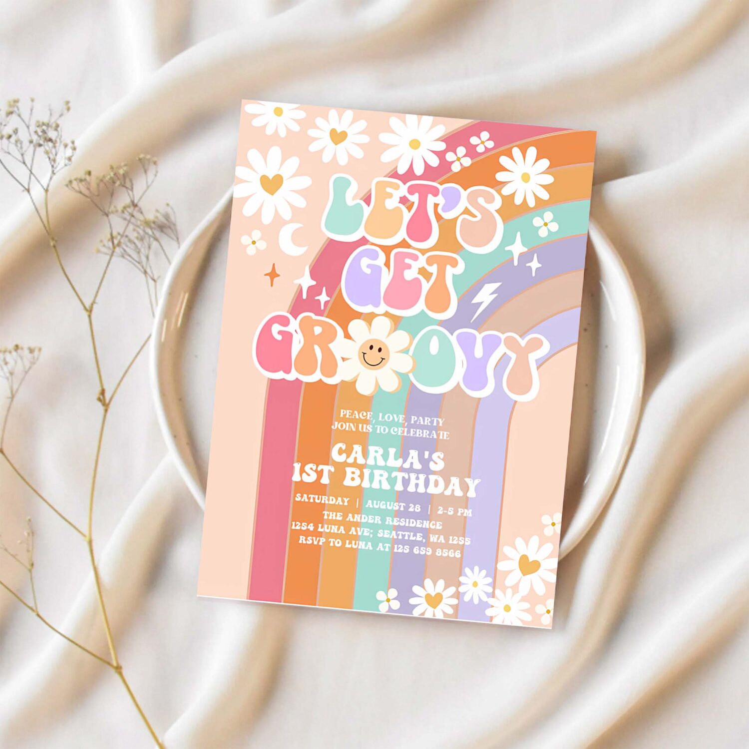 Editable lets get groovy invite daisy rainbow groovy 3rd birthday invite hippie retro birthday invitation 1