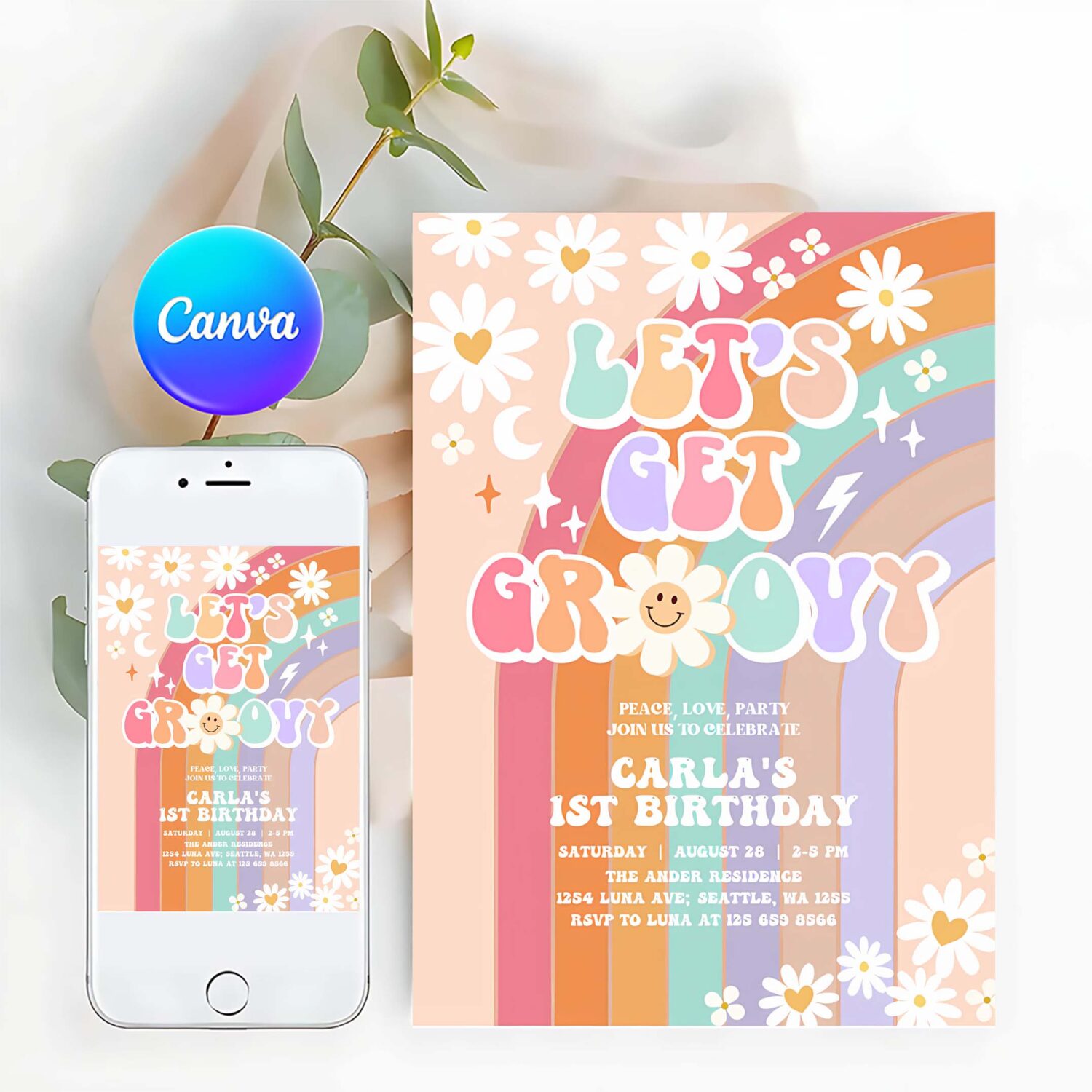 Editable lets get groovy invite daisy rainbow groovy 3rd birthday invite hippie retro birthday invitation