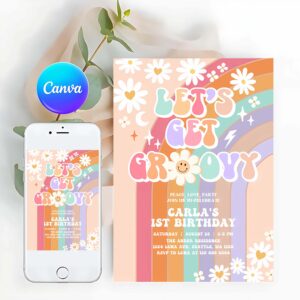 Groovy Invitation, Let's Get Groovy Invitation Daisy Rainbow Groovy 3rd Birthday Invitation Hippie Invitation