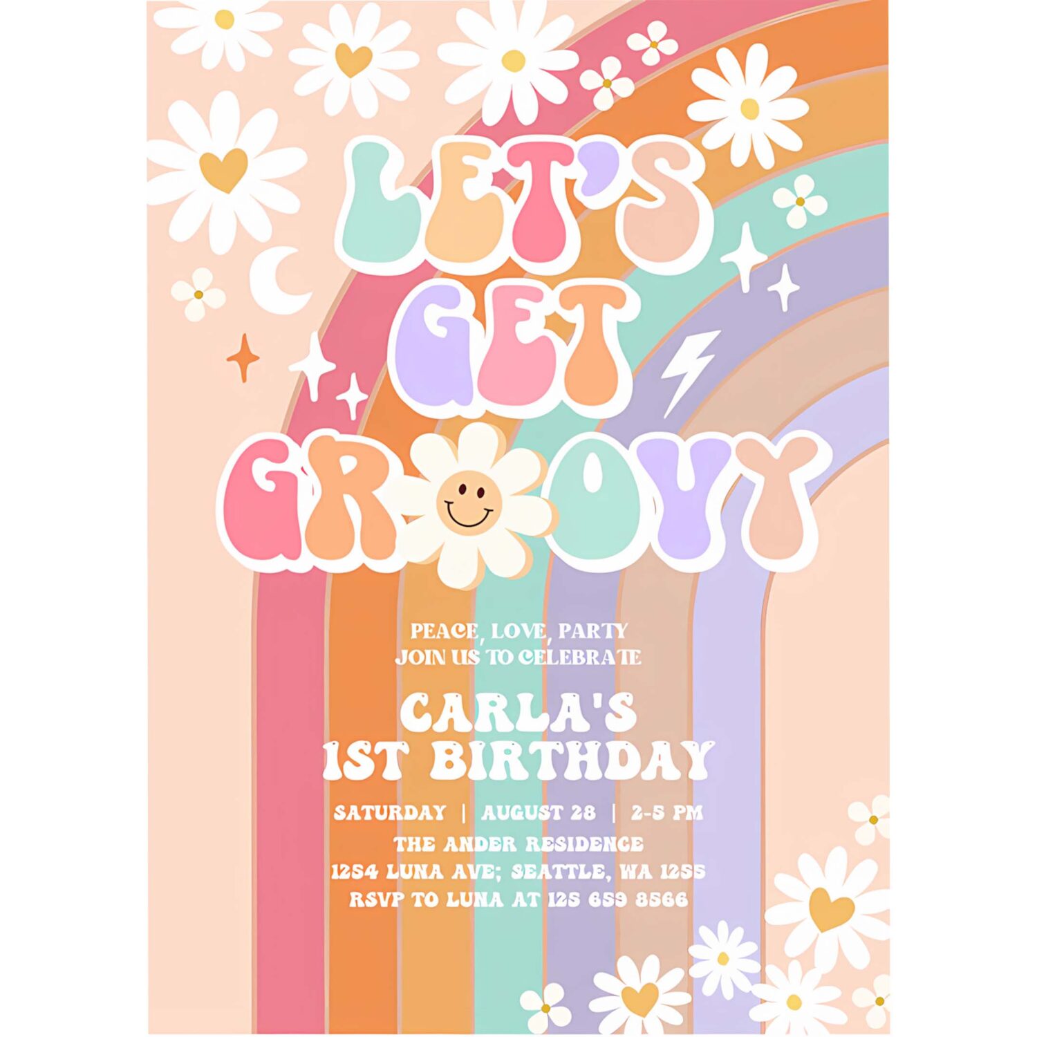 Editable lets get groovy invite daisy rainbow groovy 3rd birthday invite hippie retro birthday invitation 4