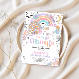Editable lets go ghouls halloween ghost party invitation retro groovy rainbow ghost birthday hippie halloween instant download 45g 1