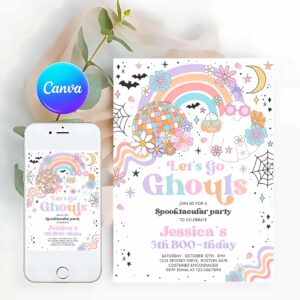 Halloween Invitation, Let's Go Ghouls Halloween Ghost Party Invitation Retro Groovy Rainbow Ghost Birthday Hippie Halloween