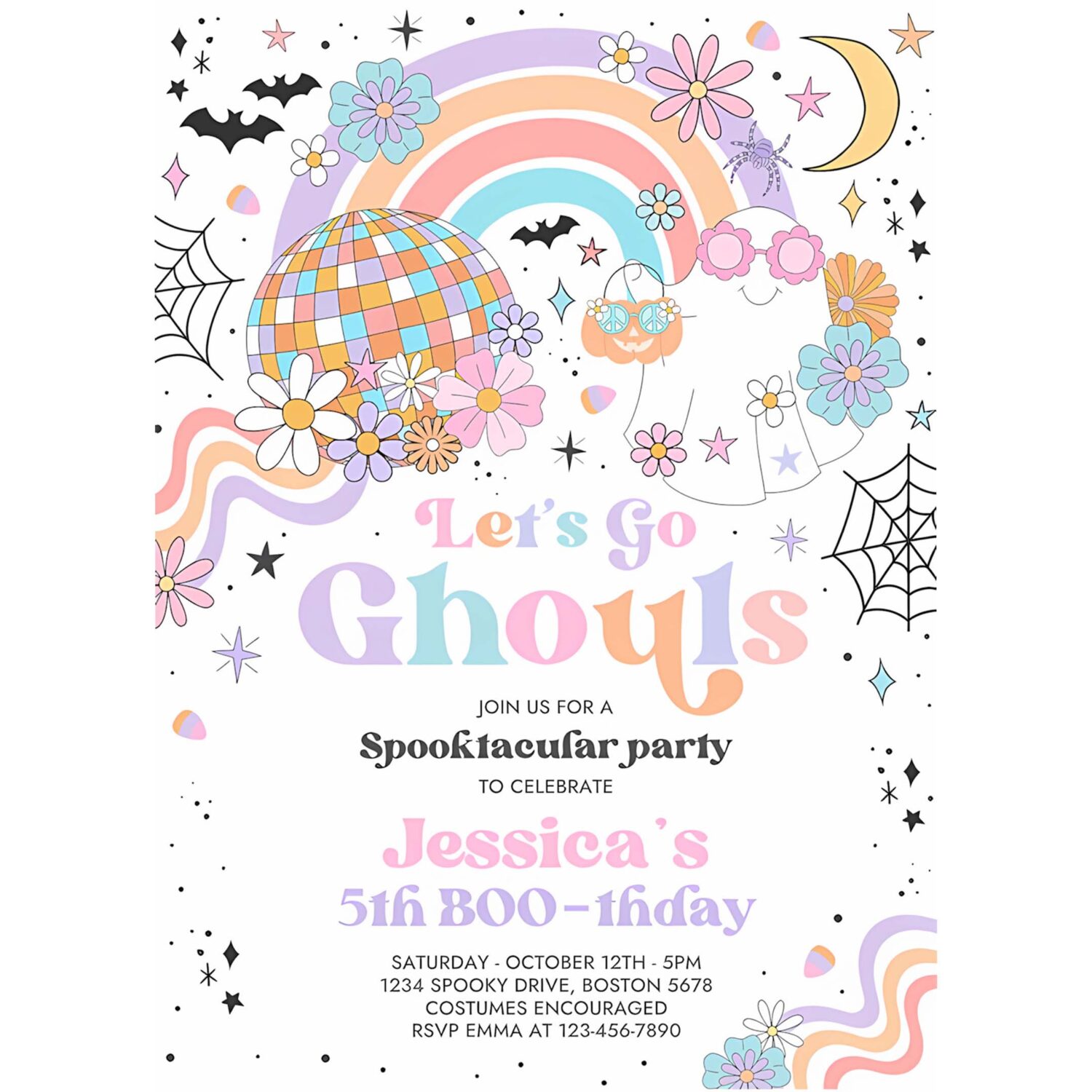 Editable lets go ghouls halloween ghost party invitation retro groovy rainbow ghost birthday hippie halloween instant download 45g 4