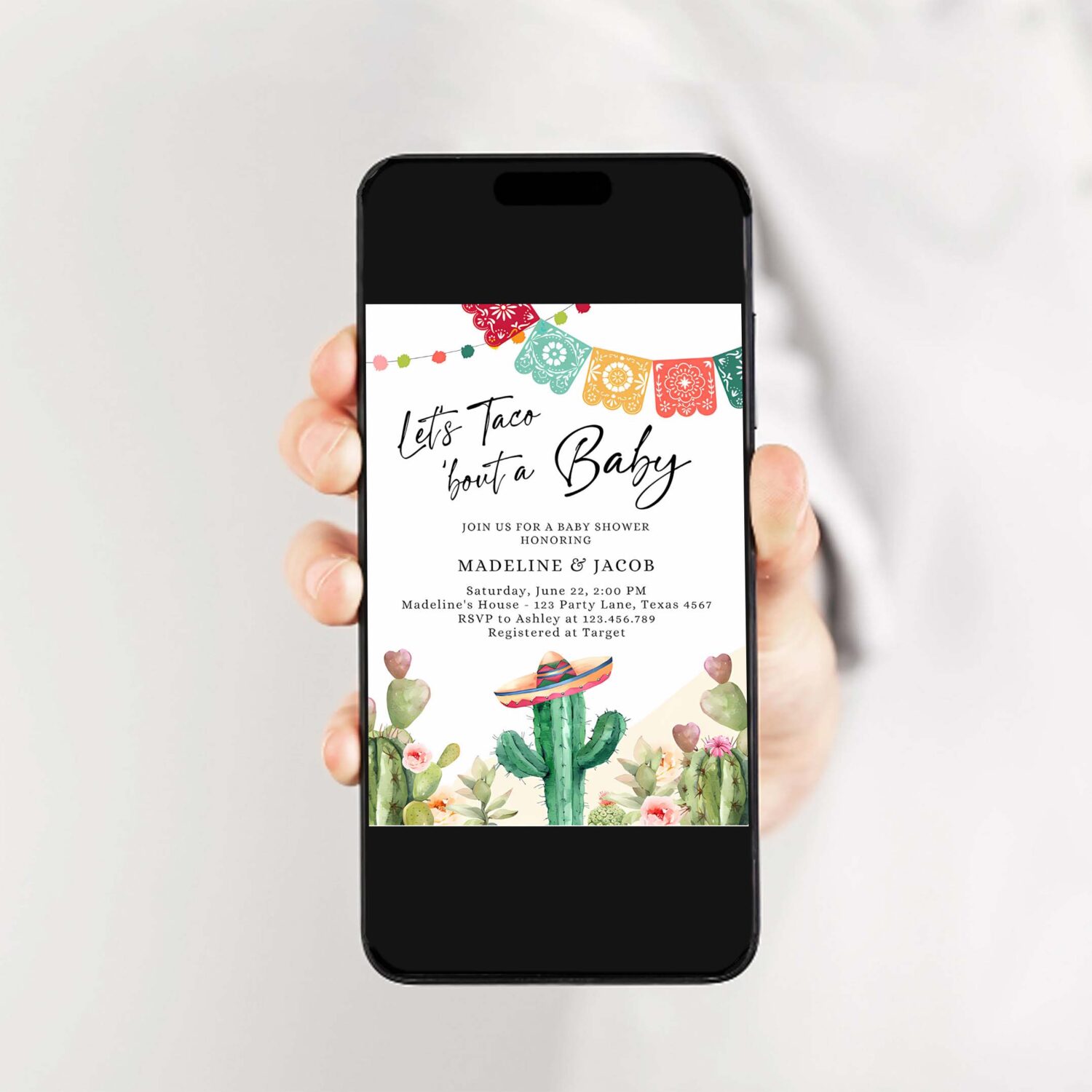 Editable lets taco bout a baby shower invitation cactus mexican fiesta couples shower desert watercolor template corjl printable 0404 2
