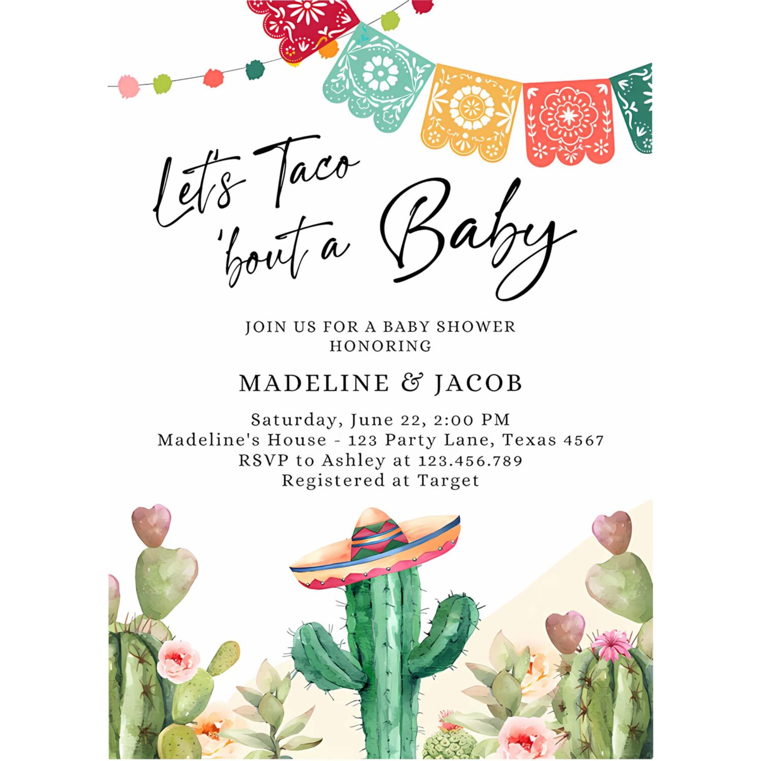 Editable lets taco bout a baby shower invitation cactus mexican fiesta couples shower desert watercolor template corjl printable 0404 4