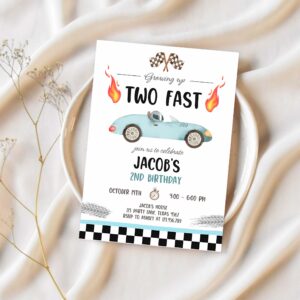 Editable light blue racing car birthday invitation growing up two fast invite second birthday 2nd boy party invitation 1