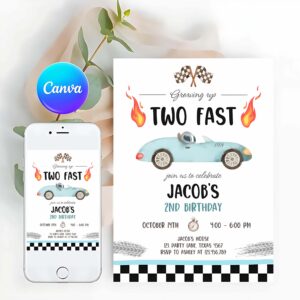 Racing Car Invitation, Light Blue Racing Car Birthday Invitation