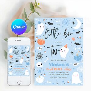Little Boo Invitation, Little Boo 2nd Birthday Party Invitation Cute Blue Halloween Ghost 2nd Birthday Party Spooktacular 2nd Birthday
