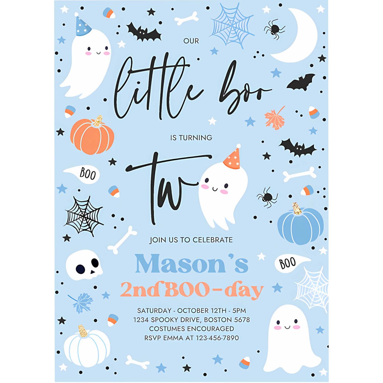 Editable little boo 2nd birthday party invitation cute blue halloween ghost 2nd birthday party spooktacular 2nd birthday instant download 9w 4