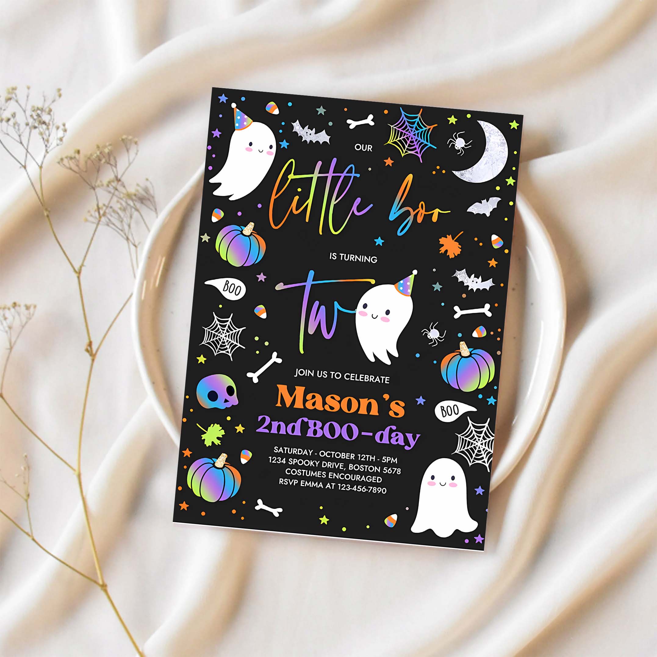 Editable Little Boo 2nd Birthday Party Invitation Cute Blue Halloween Ghost 2nd Birthday Party Spooktacular 2nd Birthday Instant Download G2