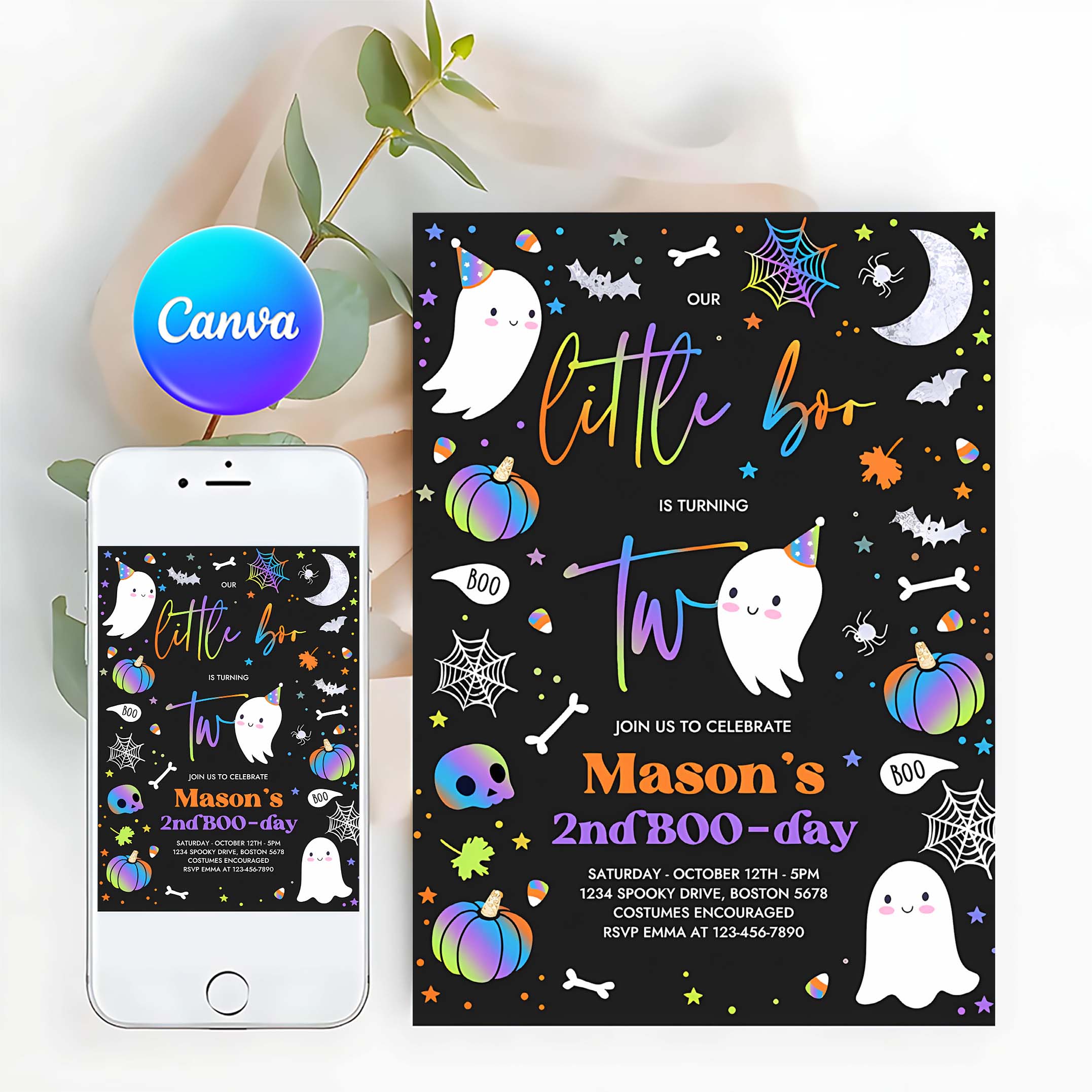 Editable Little Boo 2nd Birthday Party Invitation Cute Blue Halloween Ghost 2nd Birthday Party Spooktacular 2nd Birthday Instant Download G2