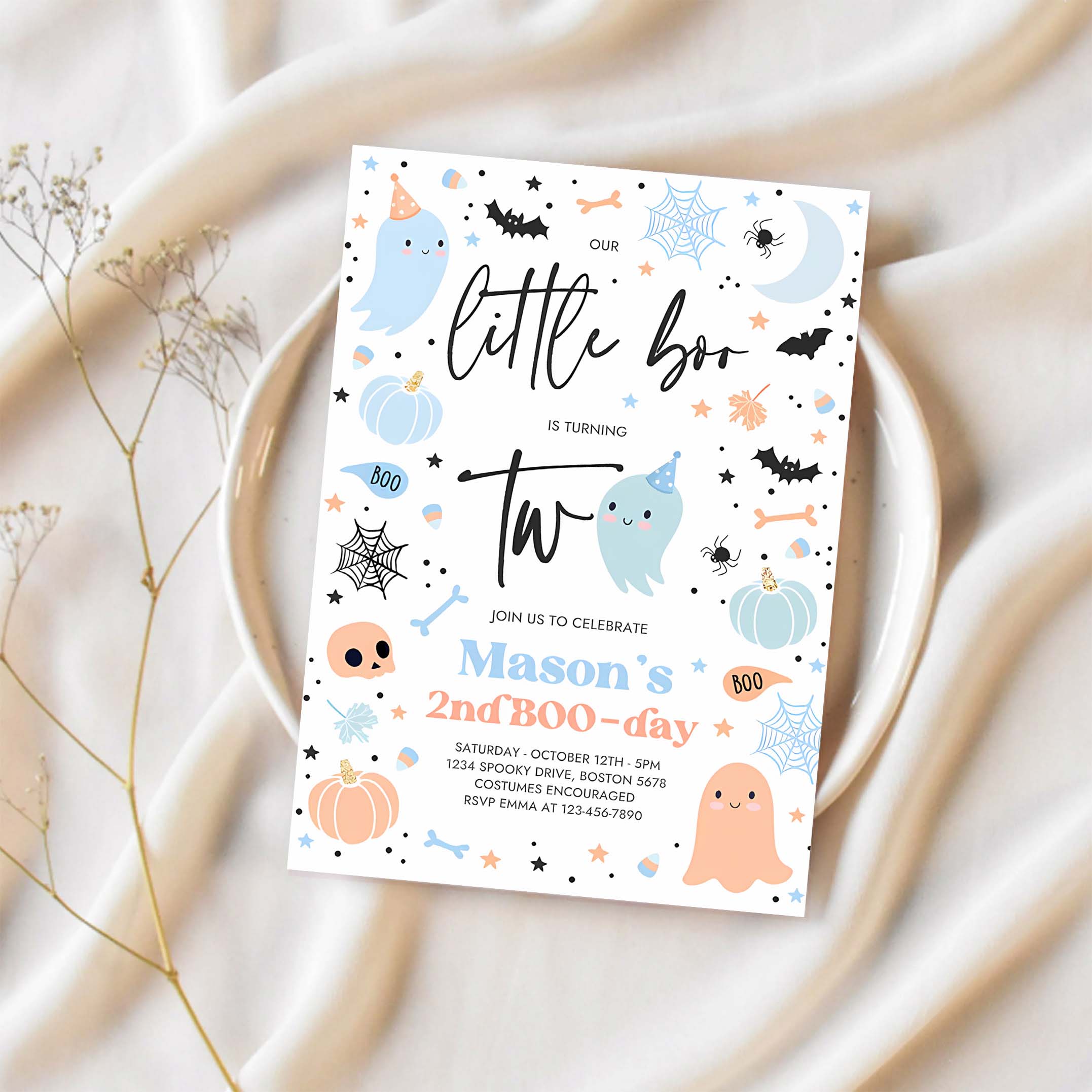 Editable Little Boo 2nd Birthday Party Invitation Cute Blue Halloween Ghost 2nd Birthday Party Spooktacular 2nd Birthday Instant Download G3